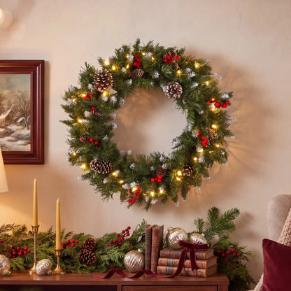 24 in. Pre-Lit Frosted Berry Wreath with Clear Lights, Plug-In