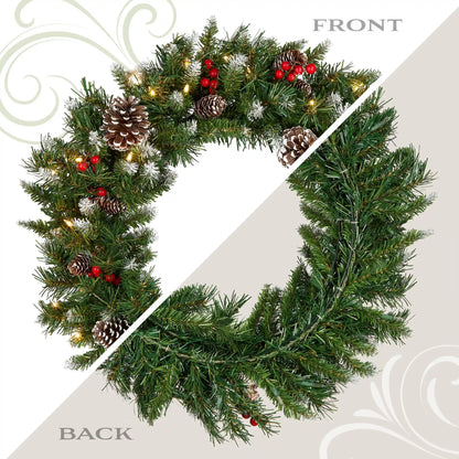 24 in. Pre-Lit Frosted Berry Wreath with Clear Lights, Plug-In