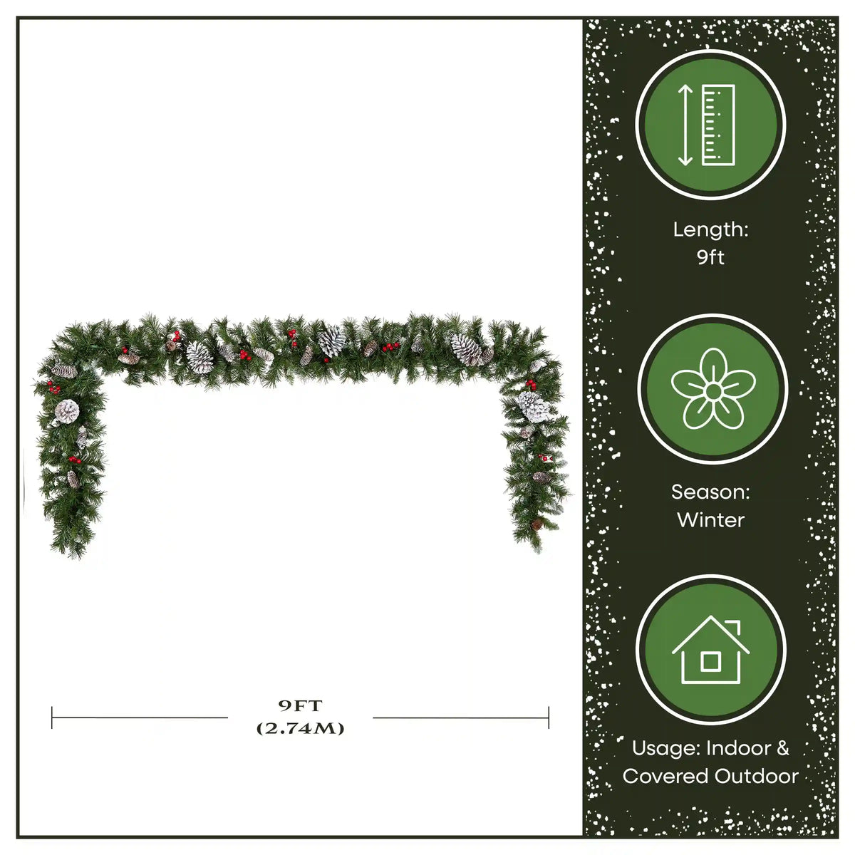 9 ft. Pre-Lit Frosted Berry Garland with Pine Cones, Red Berries and Clear Lights, Plug-In