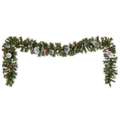 9 ft. Pre-Lit Frosted Berry Garland with Pine Cones, Red Berries and Clear Lights, Plug-In