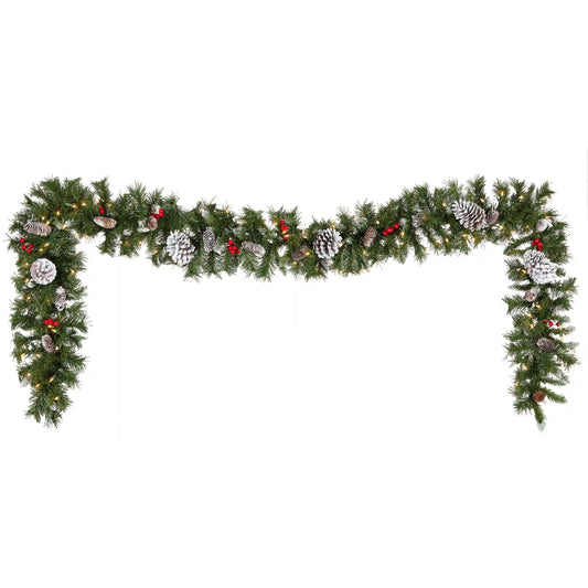 9 ft. Pre-Lit Frosted Berry Garland with Pine Cones, Red Berries and Clear Lights, Plug-In