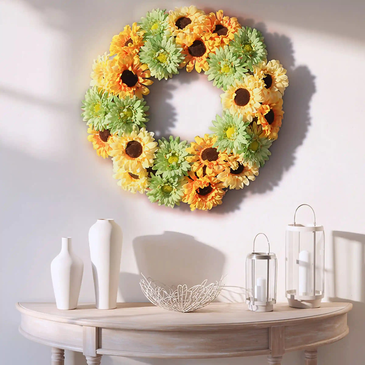 19 in. Spring Garden Accents Yellow Cosmos Wreath with Yellow and Green Sunflowers