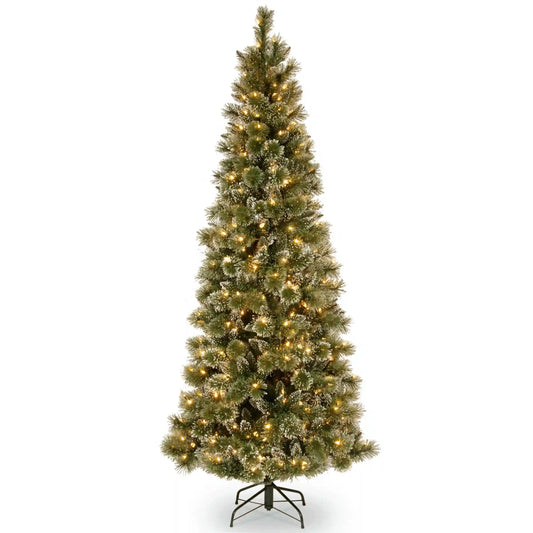 6.5 ft. Pre-Lit Glittery Bristle Pine Slim Tree with Warm White LED Lights, Plug-In