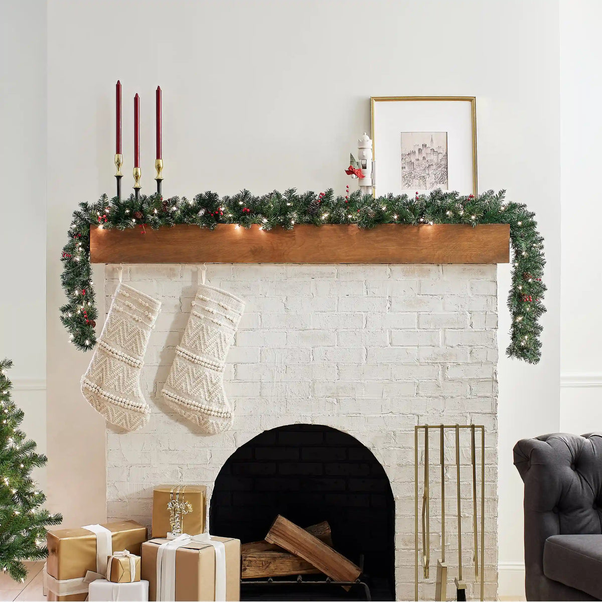 9 ft. Pre-Lit Glittery Mountain Spruce Garland with Clear Lights, Plug-In