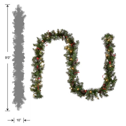 9 ft. Pre-Lit Glittery Mountain Spruce Garland with Clear Lights, Plug-In