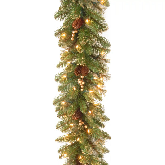 9 ft. Pre-Lit Glittery Pine Gold Garland with Clear Lights, Plug-In