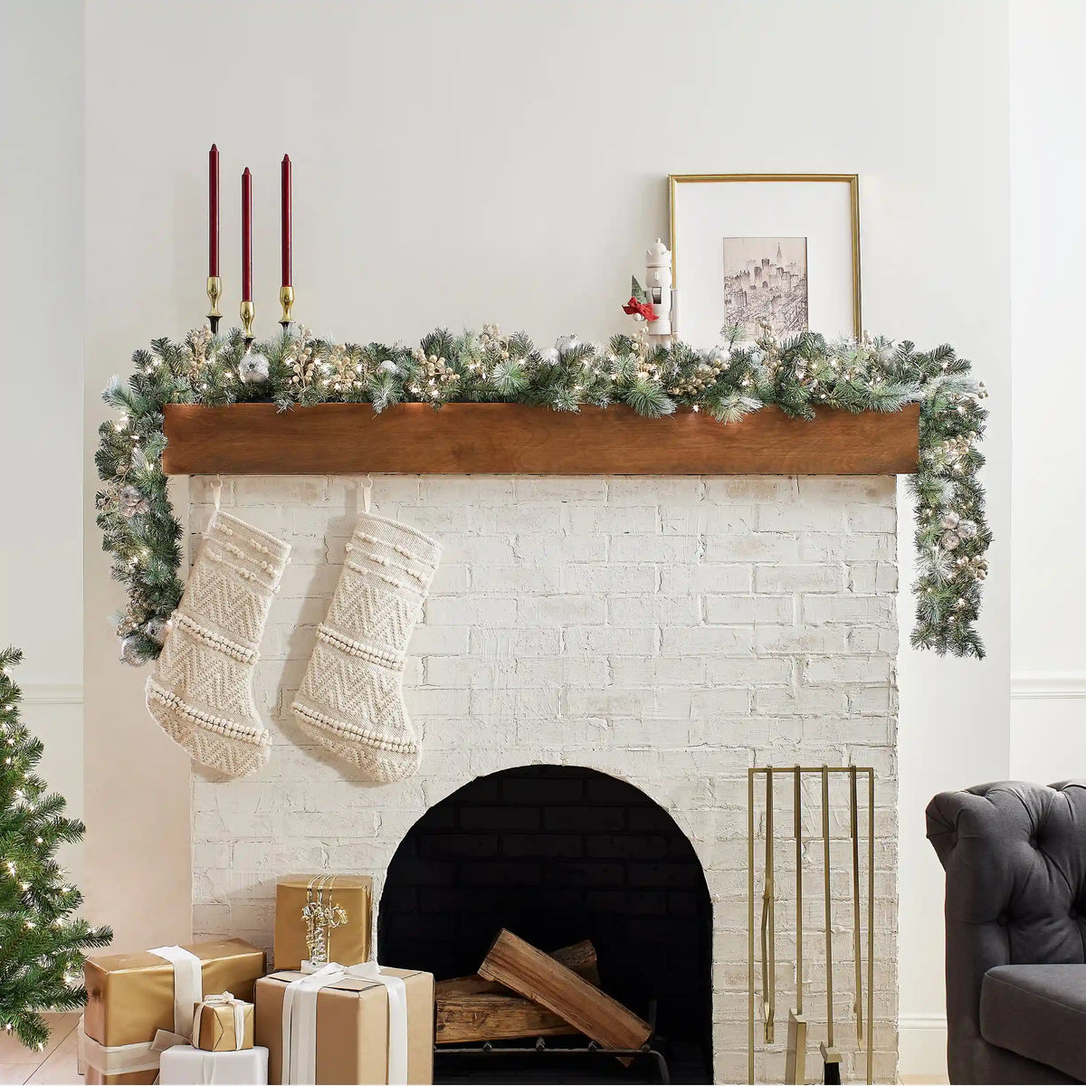 9 ft. Pre-Lit Glittery Pine Pomegranate Garland with Clear Lights, Plug-In