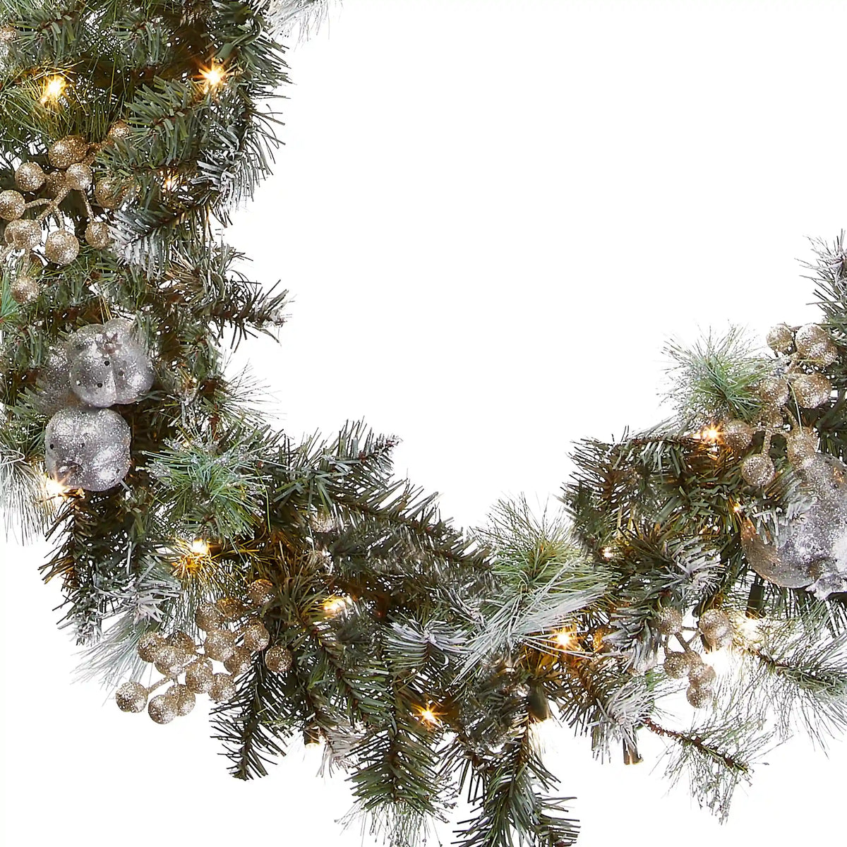 9 ft. Pre-Lit Glittery Pine Pomegranate Garland with Clear Lights, Plug-In