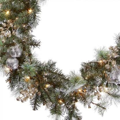 9 ft. Pre-Lit Glittery Pine Pomegranate Garland with Clear Lights, Plug-In