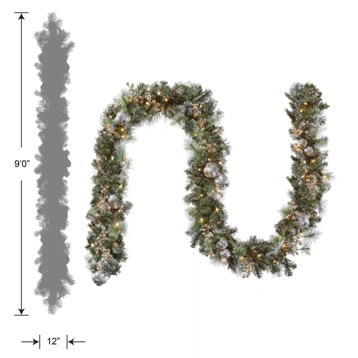 9 ft. Pre-Lit Glittery Pine Pomegranate Garland with Clear Lights, Plug-In