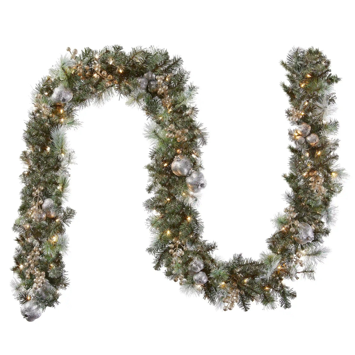 9 ft. Pre-Lit Glittery Pine Pomegranate Garland with Clear Lights, Plug-In