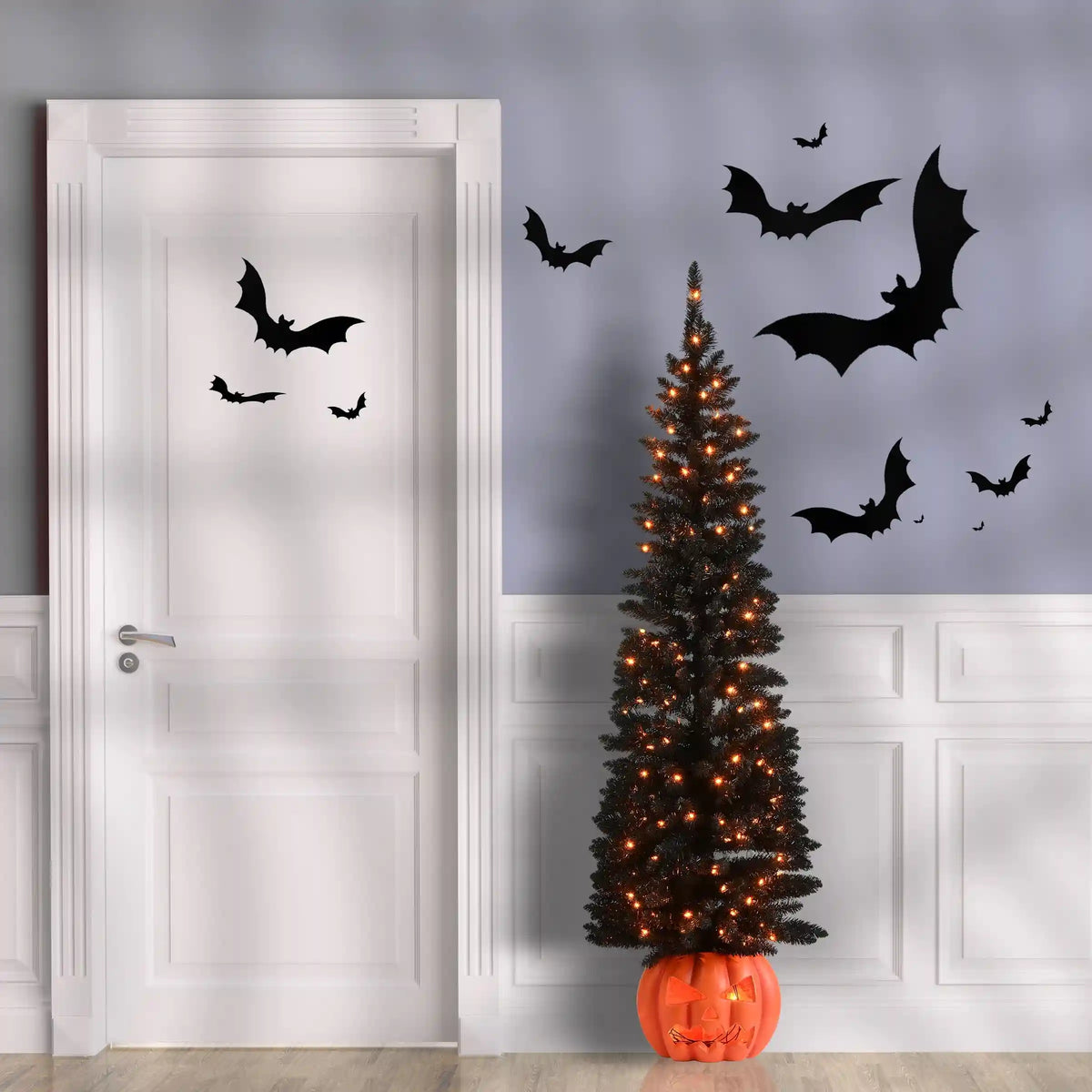 6 ft Halloween Pre-Lit Black Tree with LED Lights, Pumpkin Base, Plug-In