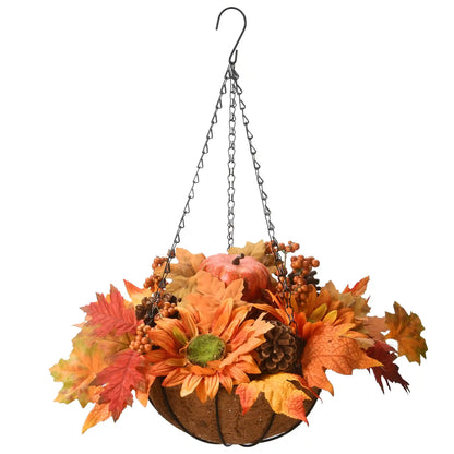 18 in. Fall Hanging Basket with Maple Leaves, Sunflowers, Cones, Berries, Pumpkin