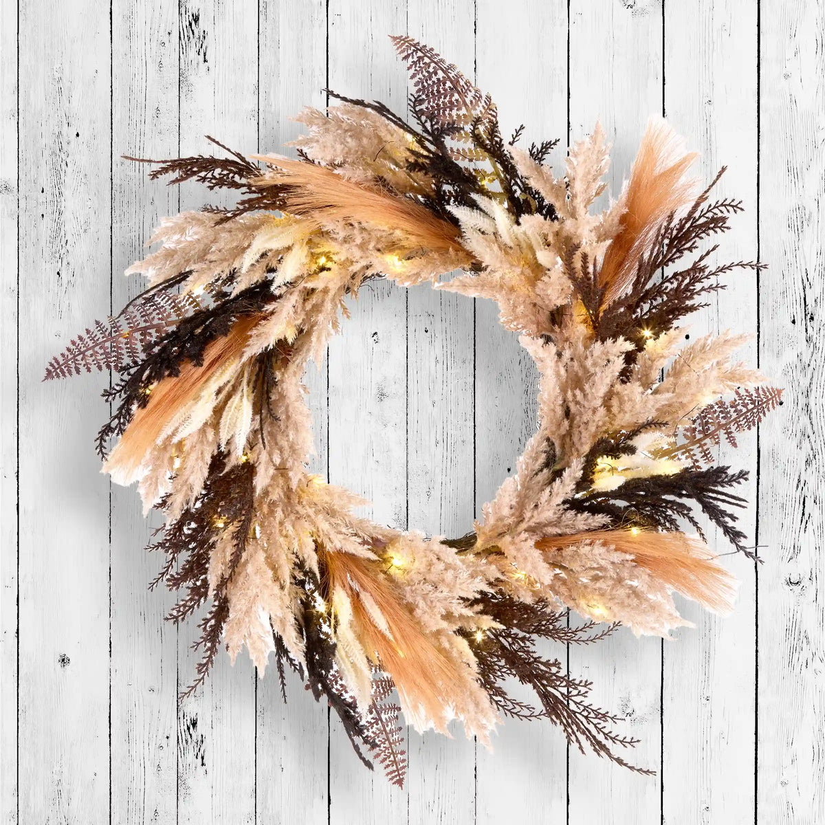 26 in. Pre-Lit Halloween Orange and Black Pampas Wreath with LED Lights