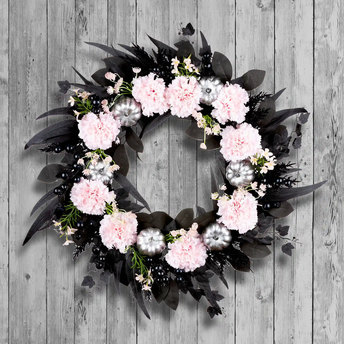 26 in. Halloween Pretty Morbid Pink Carnation Wreath with Silver Pumpkins