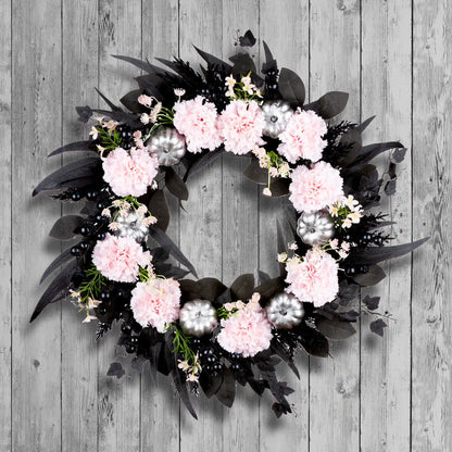 26 in. Halloween Pretty Morbid Pink Carnation Wreath with Silver Pumpkins
