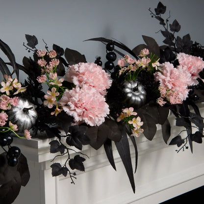 6 ft. Halloween Pretty Morbid Pink Carnation Wreath with Silver Pumpkins