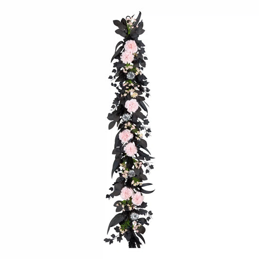 6 ft. Halloween Pretty Morbid Pink Carnation Wreath with Silver Pumpkins