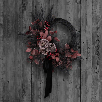 24 in. Halloween Red Widow Wreath with Black Ribbon