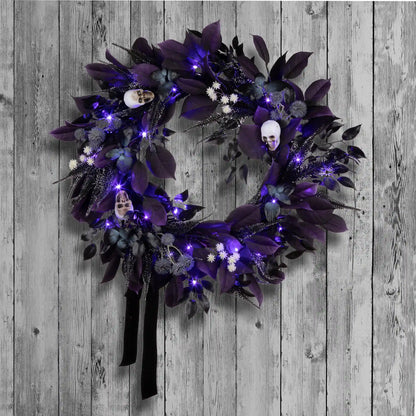 26 in. Halloween Floral Mini Skull Wreath with LED Lights