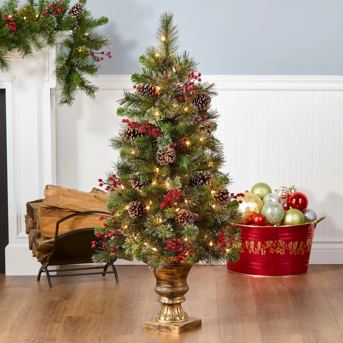 4 ft. Pre-Lit Iced Berry Pine Entrance Tree with Clear Lights, Plug-In