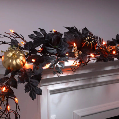 Halloween 6ft Artificial Chic Eek Black and Gold Garland, 50 Orange LED Lights, Battery Operated