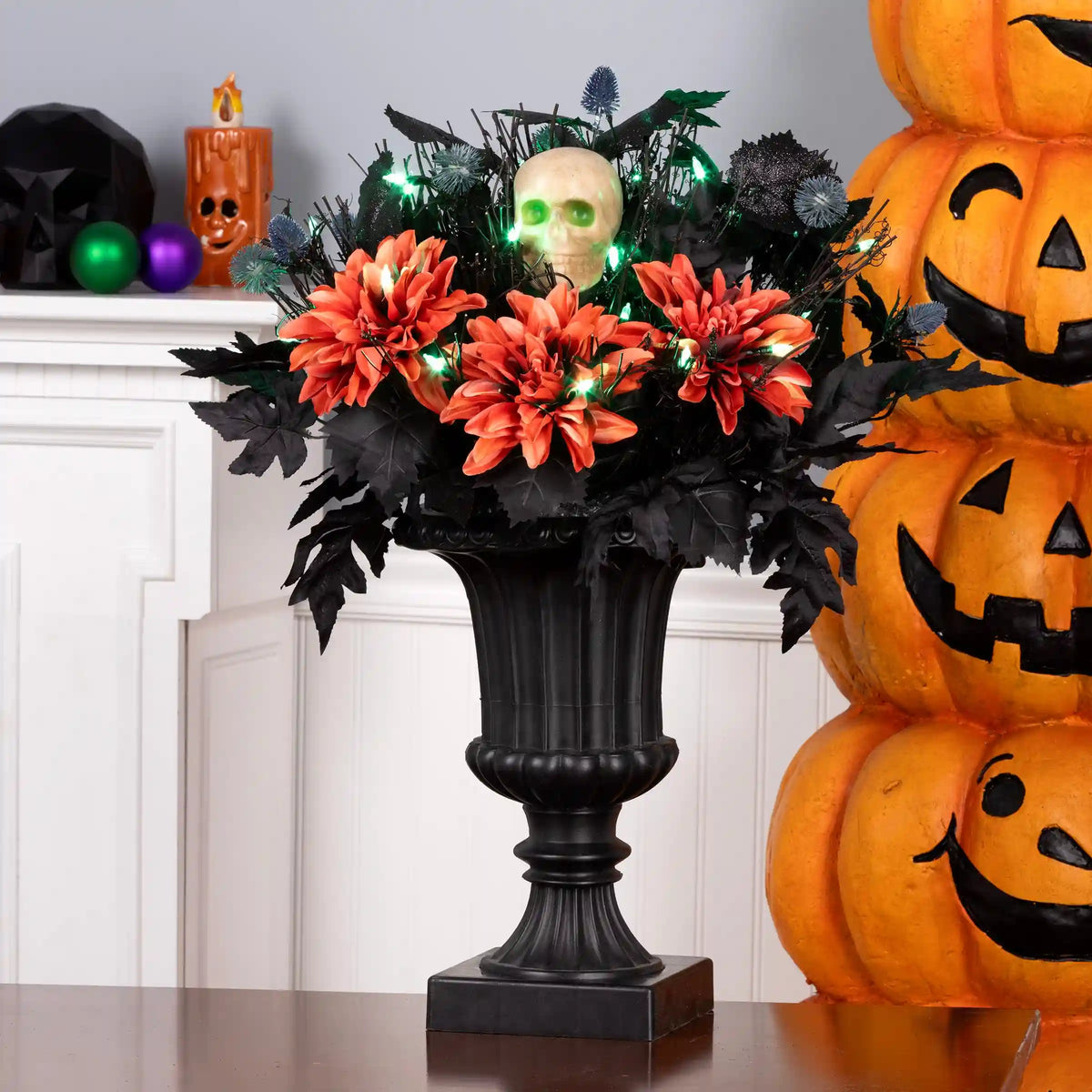 20 in. Halloween Boo-tiful Urn with Orange Florals and White Skull, LED Lights