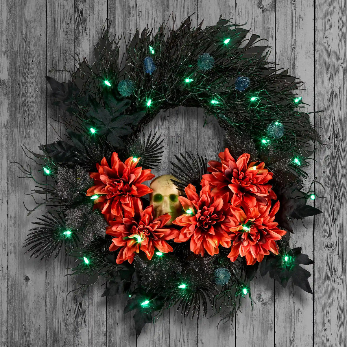 24 in. Halloween Boo-tiful Wreath with Orange Florals and White Skull, LED Lights