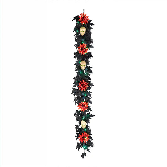 6 ft. Halloween Boo-tiful Garland with Orange Dahlia Flowers, White Skulls, LED Lights