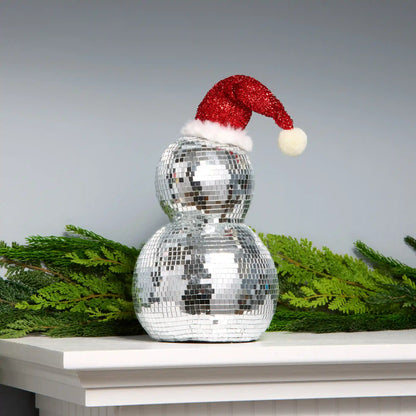 12 in. Disco Ball Snowman with Santa Hat