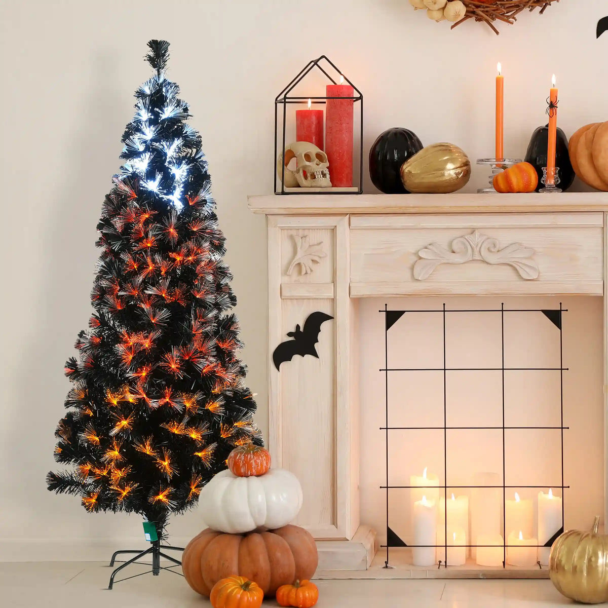 6 ft. Halloween Pre-Lit Black Tree with Fiber Optic, Candy Corn LED Lights, Plug-In