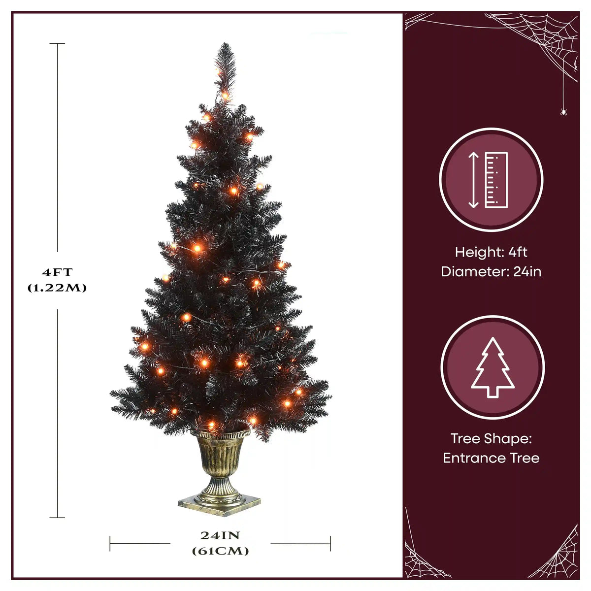 4 ft. Black Entrance Tree with String of Orange Lights, Plug-In
