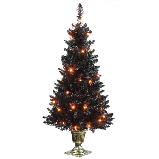 4 ft. Black Entrance Tree with String of Orange Lights, Plug-In