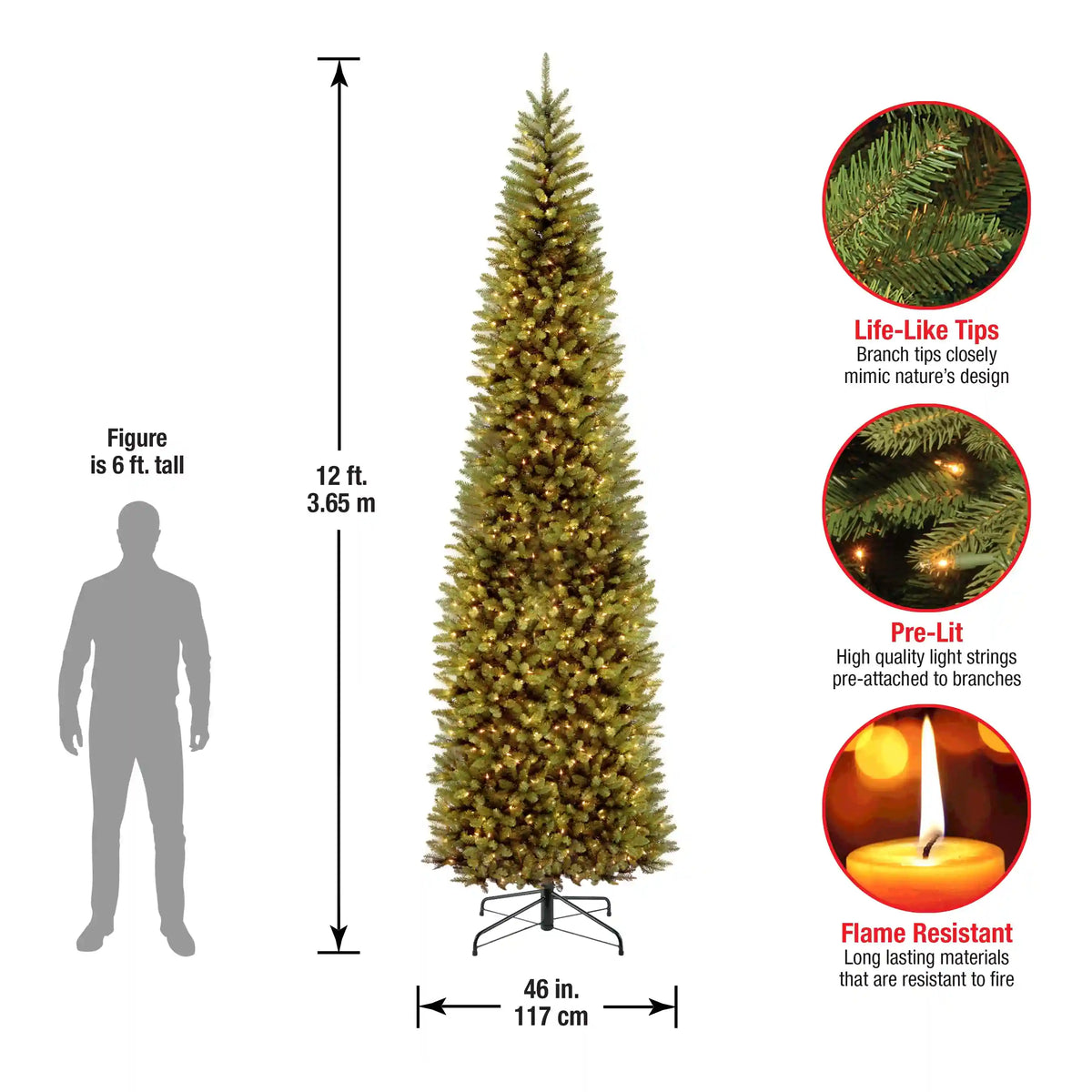 12 ft. Pre-Lit Kingswood Fir Pencil Slim Tree with Clear Lights, Plug-In