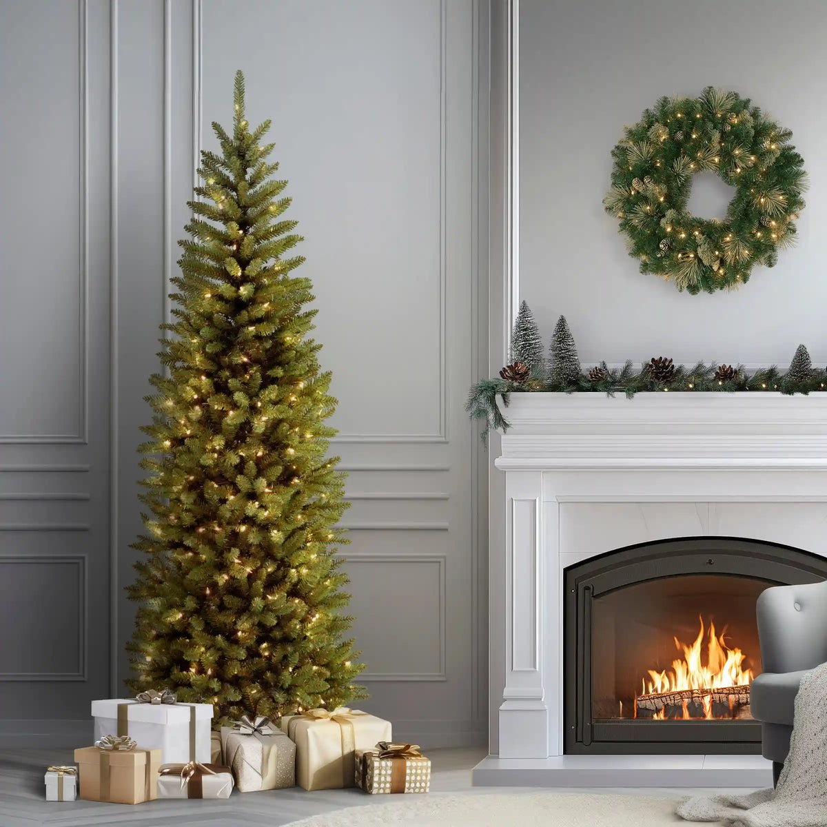 7.5 ft. Pre-Lit Kingswood Fir Pencil Tree with Clear Lights, Plug-In