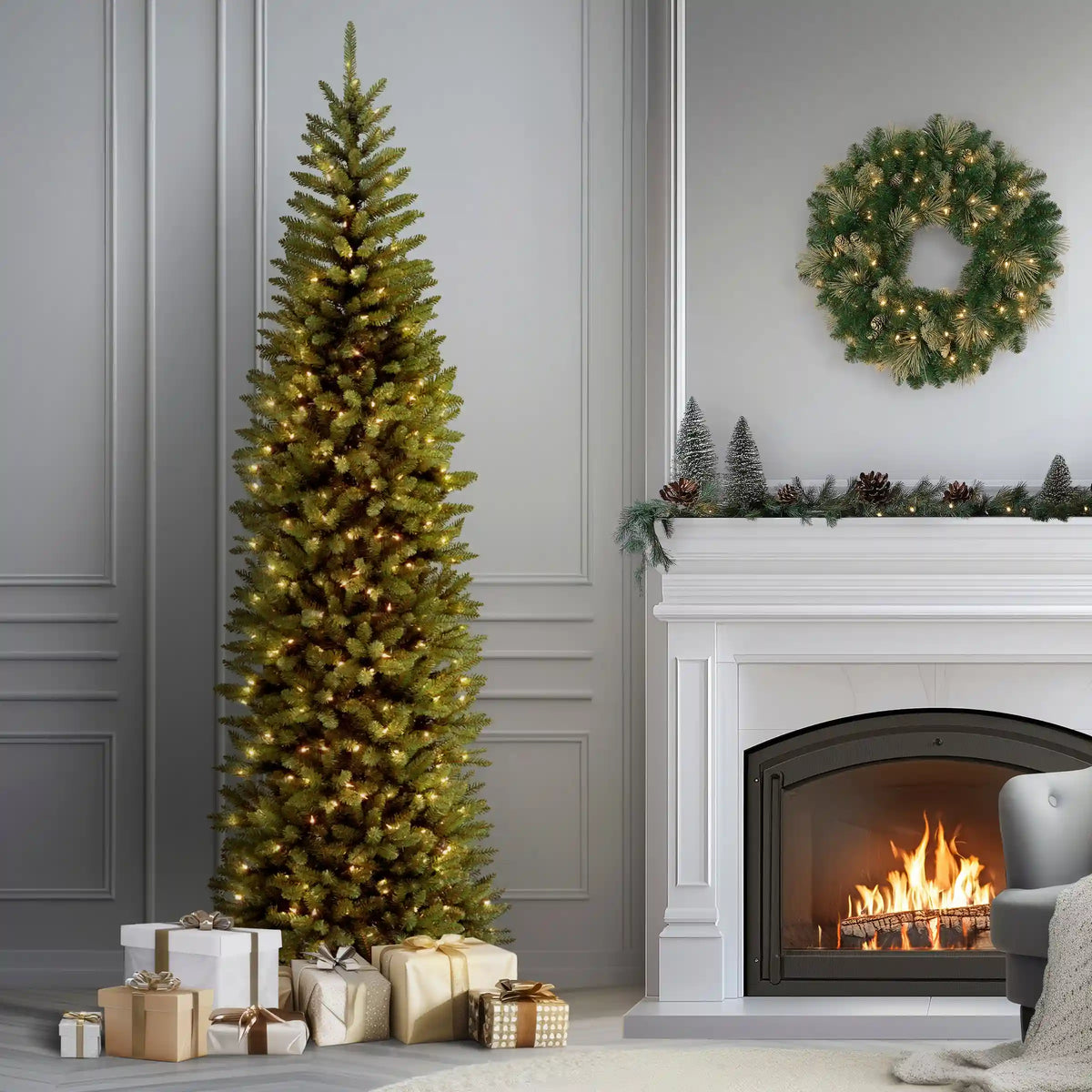 9 ft. Pre-Lit Kingswood Fir Pencil Tree with Clear Lights, Plug-In