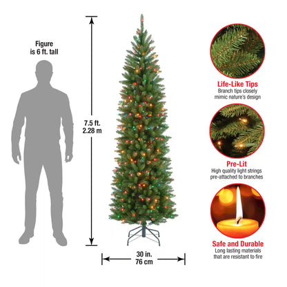 7.5 ft. Pre-Lit Kingswood Fir Pencil Tree with Multicolor Lights, Plug-In