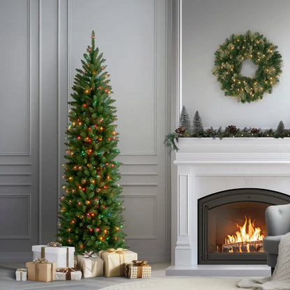 7.5 ft. Pre-Lit Kingswood Fir Pencil Tree with Multicolor Lights, Plug-In