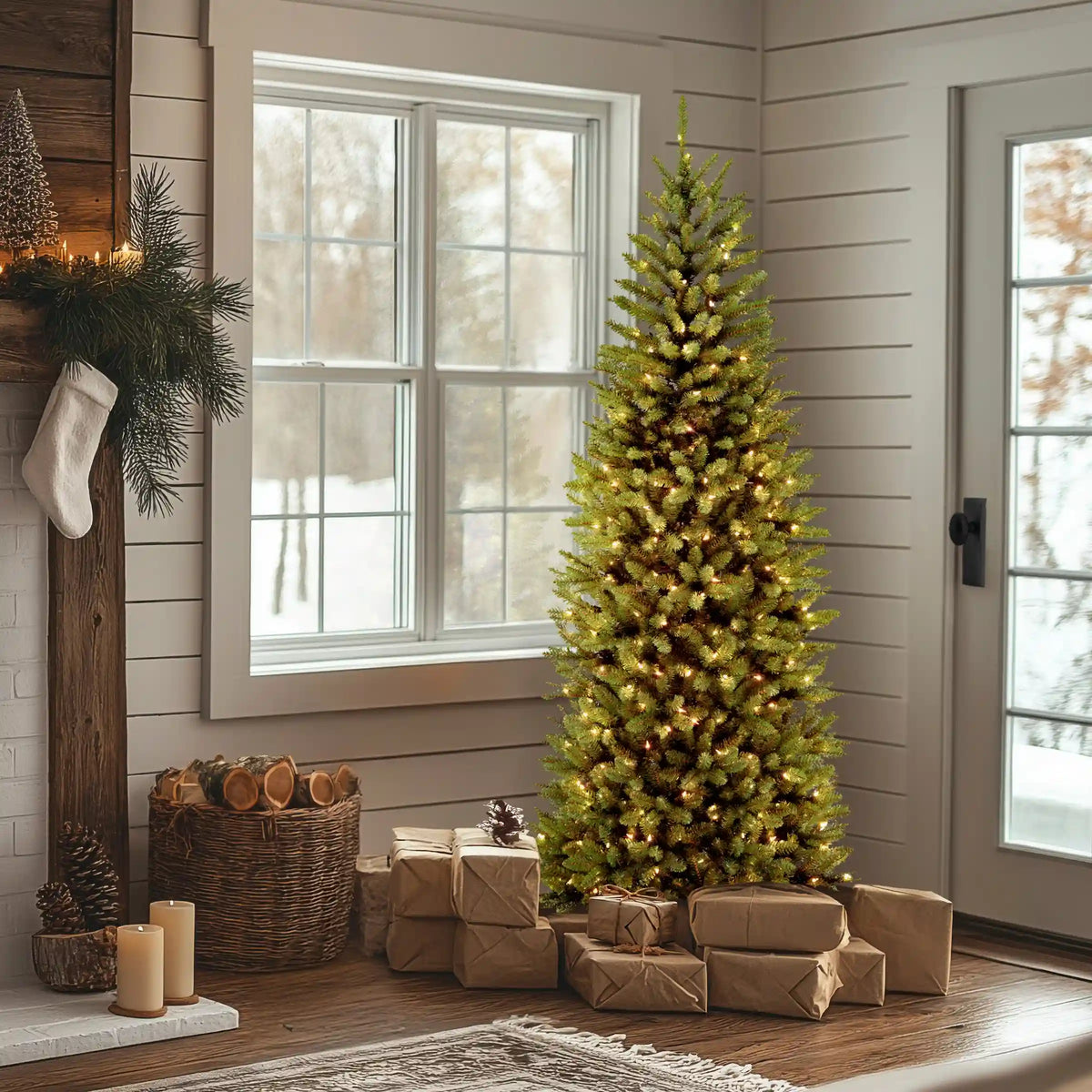 7.5 ft. Pre-Lit Kingswood Fir Slim Tree with PowerConnect Dual Color LED Lights, Plug-In