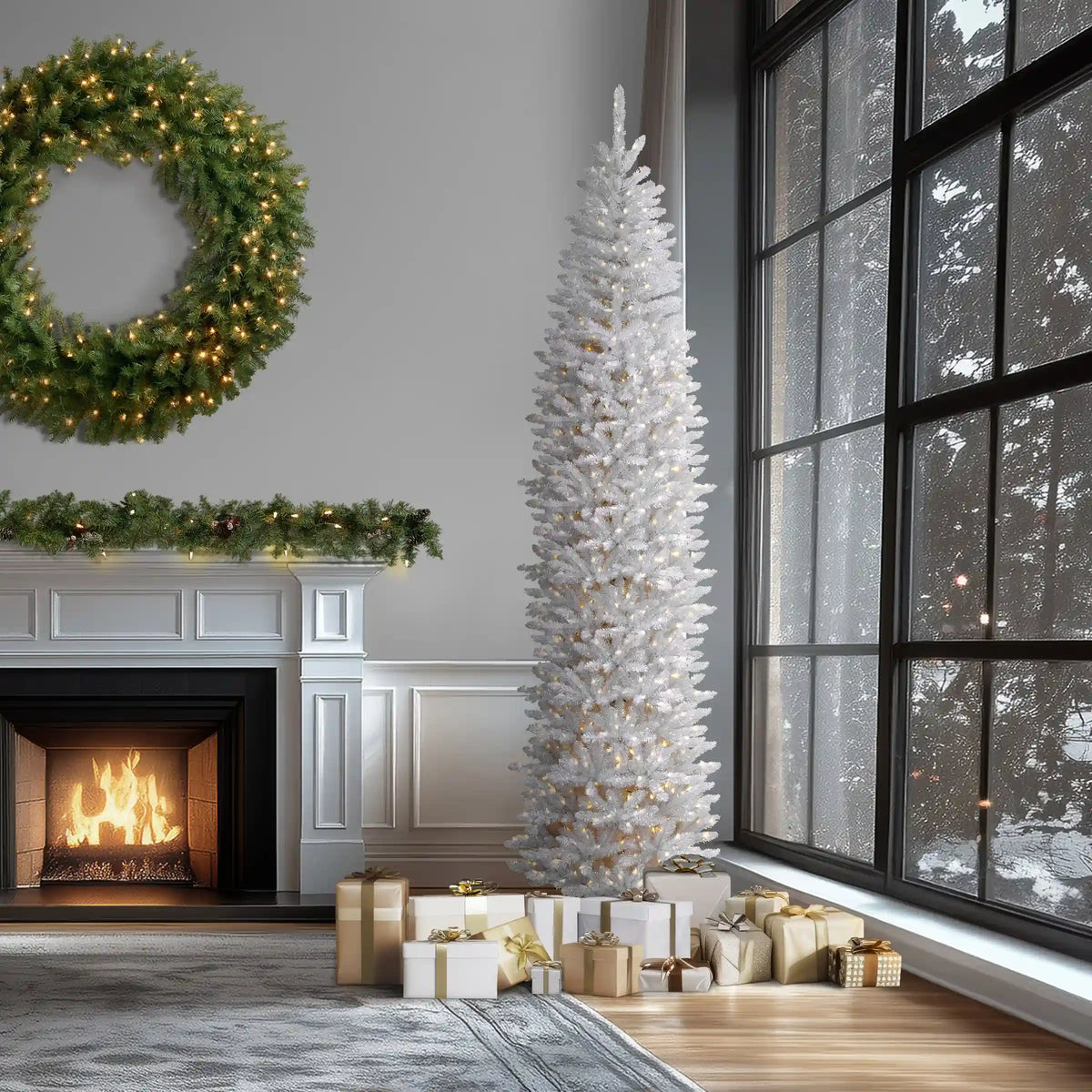 12 ft.Pre-Lit Kingswood Fir White Pencil Slim Tree with Clear Lights, Plug-In