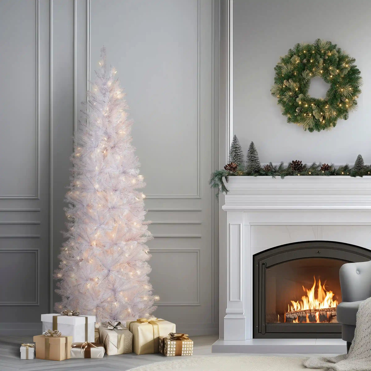 6.5 ft. Pre-Lit Kingswood Fir White Pencil Tree with Clear Lights, Plug-In