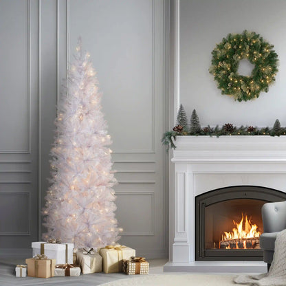 6.5 ft. Pre-Lit Kingswood Fir White Pencil Tree with Clear Lights, Plug-In