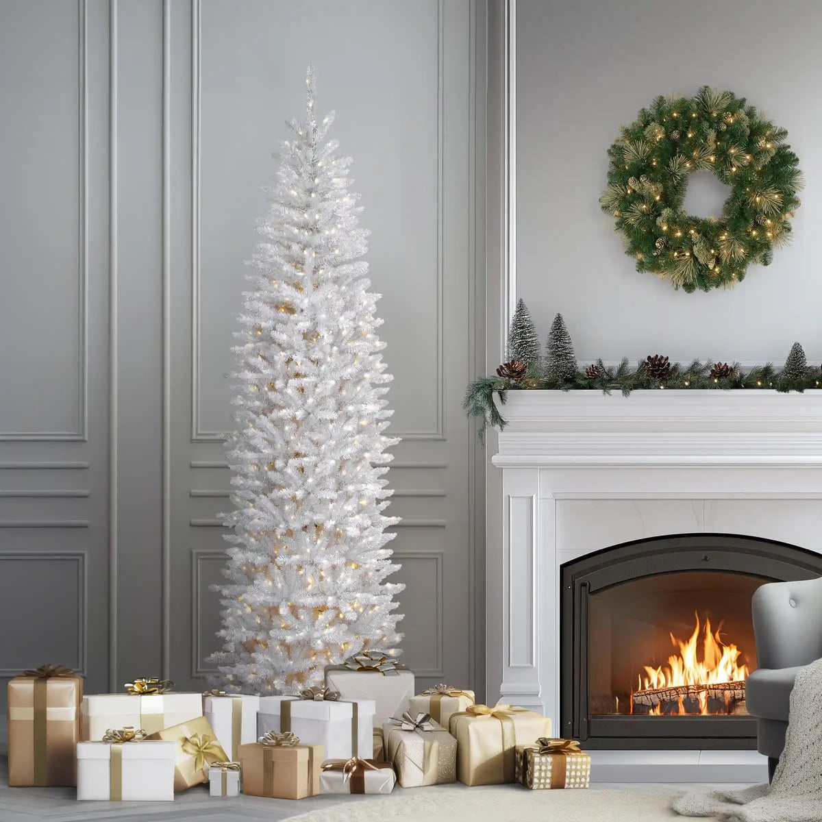 7.5 ft. Pre-Lit Kingswood Fir White Pencil Tree with Clear Lights, Plug-In