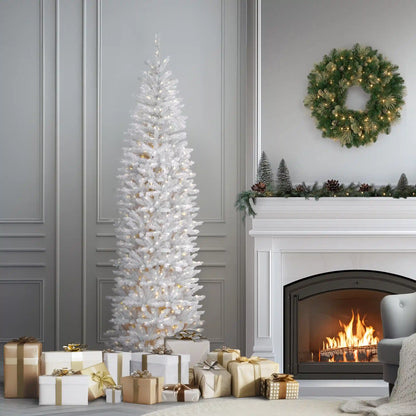 7.5 ft. Pre-Lit Kingswood Fir White Pencil Tree with Clear Lights, Plug-In