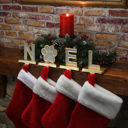 5 in. 4-Piece Silver Sparkle NOEL Christmas Stocking Holders, Silver and Gold with Paw Print
