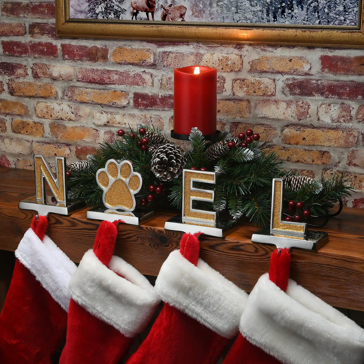 5 in. 4-Piece Gold Sparkle NOEL Christmas Stocking Holders, Gold and Silver with Paw Print