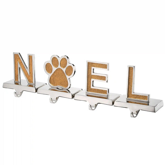 5 in. 4-Piece Gold Sparkle NOEL Christmas Stocking Holders, Gold and Silver with Paw Print