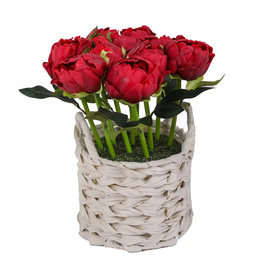 10 in. Spring Red Peony Flower Bouquet in White Basket
