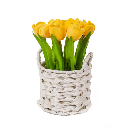 10 in. Spring Yellow Tulip Bouquet in White Basket