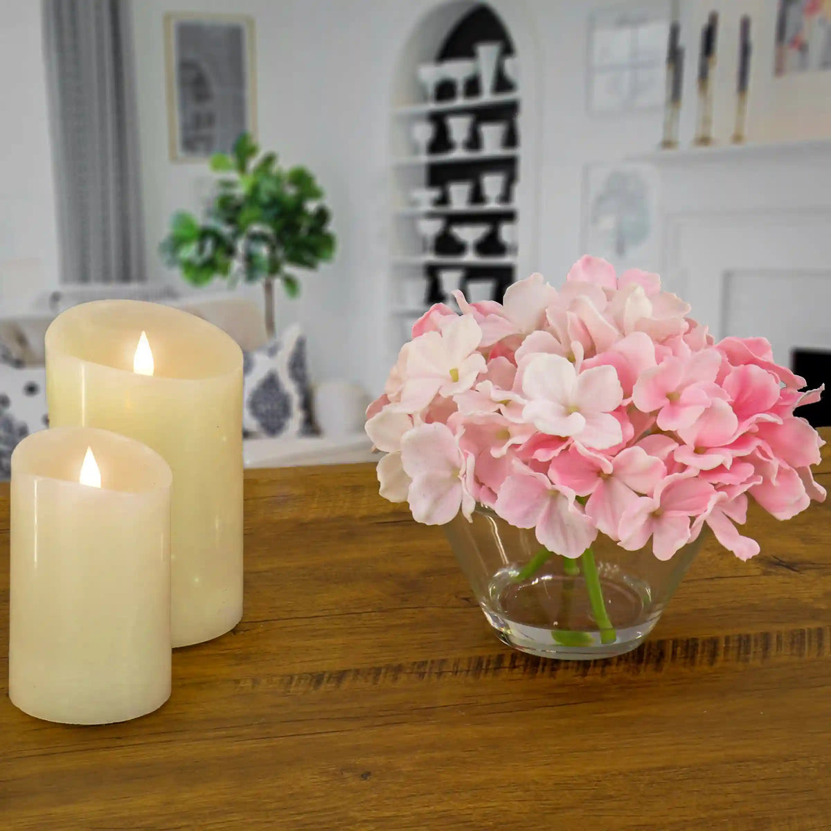 8 in. Spring Pink Hydrangea Bouquet in Glass Vase